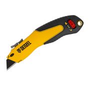 Нож, 19мм, сменное трапециевидное лезвие, SK4, алюминиевый корпус, торцевой зажим// Denzel