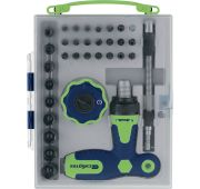 Отвертка Т-образная и трещотка, реверсивные, с набором бит, торцевых головок, 34 предм.,CrV//Сибртех